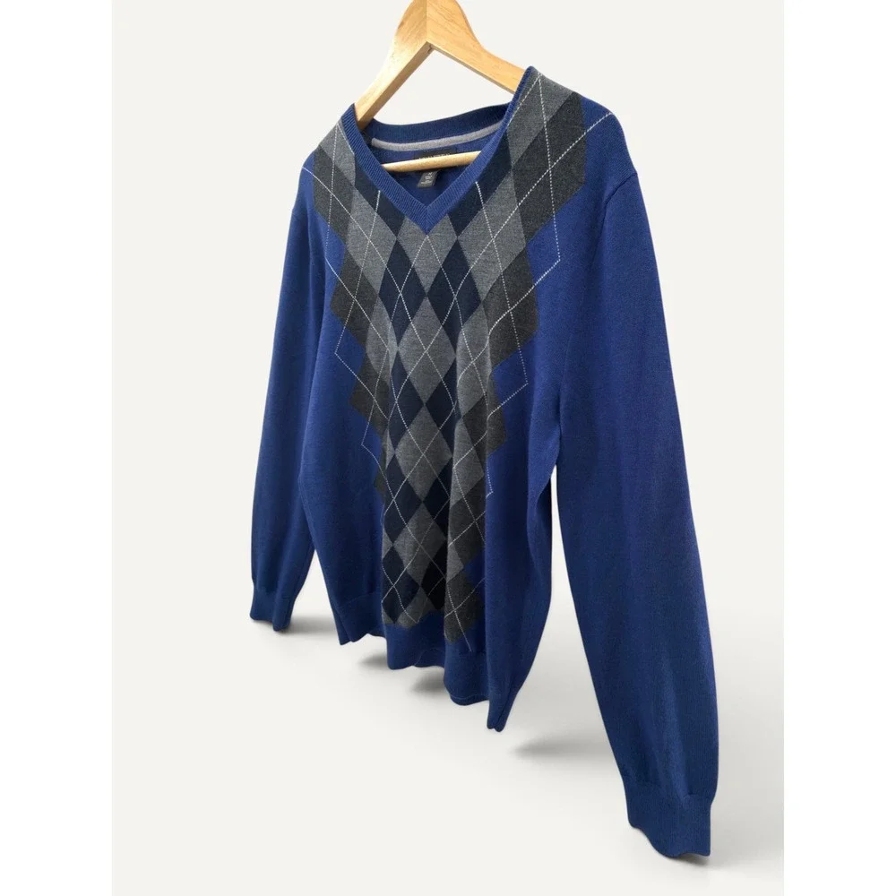 Banana Republic Mens 100% Merino Wool Sweater Argyle V-Neck M Collegiate Classic